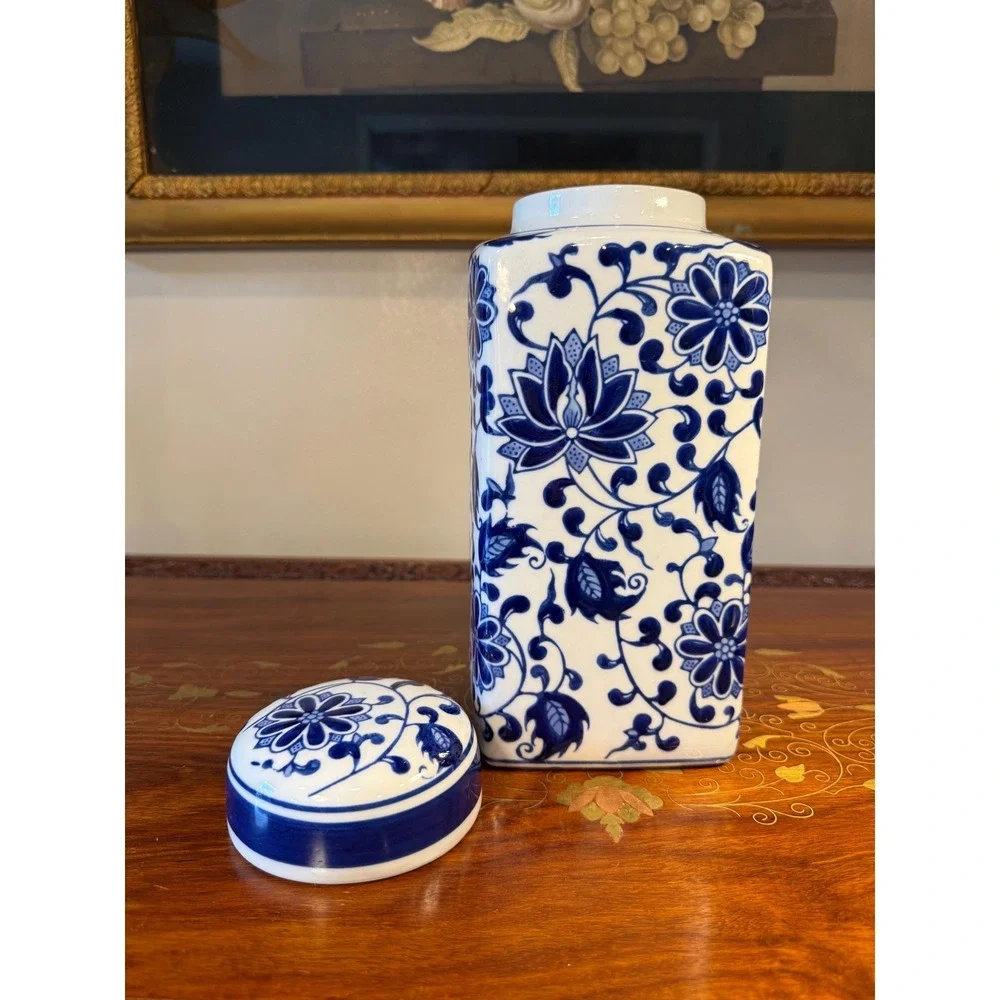 Vintage Bombay Blue & White Porcelain Ginger Jar • Lotus Floral Lidded Jar